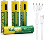 900 mWh AAA laetavad akud, 4 komplekti, 600 mAh 1,5 V USB-C liitium AAA aku laetav, 4-in-1 C-t&uuml;&uuml;pi laadimiskaabliga, &uuml;le 1200 ts&uuml;kli.