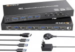 KVM Switch 4 PC 1 Monitor HDMI Simulatsioon EDID, 4K @ 60Hz, USB 3.0 KVM Switch HDMI 4 Port 4 PC jagamiseks 1 Monitor ja 4 USB 3.0 seadet juhtmega kaugjuhtimispuldiga, 5 kaablit ja 12 V toiteallikas