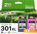 Valuetoner 301 XL printerikassetid mustad ja v&auml;rvilised, &uuml;hilduvad HP 301 Multipack kassettidega HP Envy 4500 5530 4504 5534 5536 Deskjet 2540 2544 Officejet 4630 2622 (2 tk).
