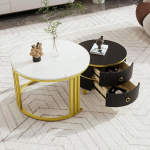 2-in-1 &uuml;mmargune MDF kohvilaud, k&uuml;ljelaud l&auml;ikiva ja 1 valge marmorplaadiga, elutoa kohvilaud kombinatsioon 2 sahtliga, 70 x 70 x 46 + 50 x 50 x 40 cm (must ja valge)