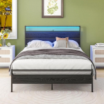 HOJINLINERO Kahekorruseline voodiraam Heaboardi ja LED-valgustitega, 135 x 190 cm, metallist puidust voodiraam koos laadimisjaamaga, madratsi alus/alusvoodi hoiukoht, raskeveokite tugi, must voodi, 135