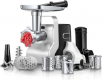 Elektriline hakklihamasin, 5 in 1 (700 W, 2800 W maksimaalne blokeerimisv&otilde;imsus), elektriline lihaveski 3 roostevabast terasest augukettaga (3, 5, 7 mm) ja 4 koonuseteraga, vorstikomplekt, kuubikukomplekt, musta v&auml;rvi.