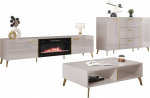 Mirjan24 Picru I elutoa komplekt, lisasein, elutoa kapp, kabinetisein, komplektis: Kapp, TV Lowboard elektrilise kaminaga, kohvilaud (Cashmere/Cashmere High Gloss + Gold)