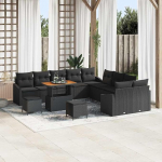 Modulares Terrassen-Set Schwarz, Gartensofa-Set 13-teilig mit Kissen und Stauraum als Outdoor-Sofa-Gruppe, Poly Rattan Gartenm&ouml;bel-Set mit 4 Armsofa, 6 Zweisitzern, 2 Hockern, 1