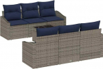 vidaXL Diivan Set mit Kissen 7 pcs Grau und Marineblau Poly-Rattan, Garten- und Terrassensofa-Set, modern, langlebig, leicht, UV-best&auml;ndig, stylische Lounge mit Stauraum