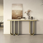 Moderner Konsolentisch im Industriestil f&uuml;r Flur und Wohnzimmer - Stabiler Metallrahmen, leicht zu montierender Eingangstisch in Goldoptik, Foyerm&ouml;bel, stilvolle Wohndekoration