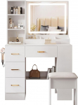 BEHOMHAZQ Modern Dressing Table with Mirror, 4 Drawers and Open Shelves, White Wooden Dressing Table with Stool