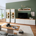 Living Room Furniture Set, White with Oak, 5 Pieces, Modern, 2 Display Cabinets, 1 Wall Shelf, 1 Lowboard, 1 Coffee Table, Lighting