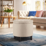 BELLEZE Modern 17.5" Round Beige Tufted Footstool with Button Down Storage