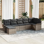 7-teilige Garten Sofa Set mit Kissen Grau Poly Rattan, 2-Sitzer Garten Sofa mit Stauraum & Kissen Grau Poly Rattan Gartenlounge Model3354118