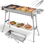 XXL Charcoal Grill, 118 x 33 x 72 cm, Folding Grill, Camping Grill, Picnic Grill, Stainless Steel, Grill with Non-Stick Pan, Storage Basket & Storage Plate, for 5-10 People, Complete Accessories