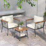 GIANTEX Rattan Garden Furniture Set, Balcony Furniture for 2 People, Outdoor Patio Furniture, 3 Pieces, Garden Seating Set, 2 Armchairs with Table, Garden Set with Cushion, Balcony Furniture for Small
