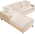 NAISI Sectional Couch Cushion Covers, 6 Pack Velvet Couch Cushion Covers L Shape Soft Stretch Sofa Covers with 2 Pillow Covers for Left/Right (2 Seater + 1 Chaise+3 Backrest, Beige)