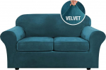 3 Piece Stretch Sofa Slipcover Real Velvet Sofa Slipcover Furniture Protector Couch Soft Two Seater Slipcover for 2 Pillows Couch with Elastic Bottom (Two Seater, Deep Teal)