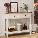 Trironsun Country House Console Table with 2 Drawers for Hallway, Rustic Sofa Table with Open Shelf, Wooden Frame Hallway Table for Bedroom and Living Room (Antique White)