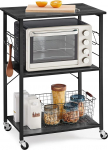 VASAGLE KKS060B42 K&ouml;&ouml;giriiul ratastel Serveerimisvanker 3-tasandiline k&ouml;&ouml;givanker Mini ahju mikrolaineahi metallraam 6 konksu 40 x 60 x 89 cm s&ouml;ehall tint must