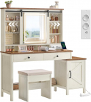 VASAGLE LIRY RDT136W01 Riietuslaud koos peegli ja valgustusega, maal&auml;hedane stiil koos jopega, laadimisjaam, 2 sahtlit, ehtekorud, vintage valge/hunnikpruun