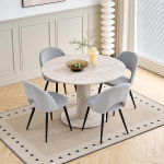 115 cm &uuml;mmargune s&ouml;&ouml;gilaud koos 4 s&ouml;&ouml;gitooliga, k&ouml;&ouml;gilaud MDF-ist (travertiinist) ja 4 pehmendusega tooli k&ouml;&ouml;ki, s&ouml;&ouml;gituppa, elutuppa ja kontorisse (Hall laud + hallid toolid).