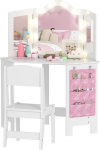 AIYAPLAY 2-in-1-Kinderfrisiertisch mit Hocker, M&auml;dchenschreibtisch mit Triptychon-Spiegel und zweifarbigen LED-Leuchten, seitliche Aufbewahrungstasche, Schminktisch f&uuml;r Kinder von 3 bis 8 Jahren, wei&szlig;