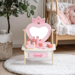 Puidust riietuslaud t&uuml;drukutele 7 t&uuml;kiga, 360&deg; p&ouml;&ouml;rlev akr&uuml;&uuml;lpeegel sahtlisse, roosa riietuslaud lastele