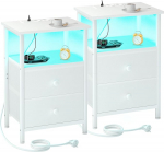 AMHANCIBLE EHETS02WT &ouml;&ouml;kapp koos laadimisjaama ja LED-valgustitega, diivanilaud 2 riidest sahtliga, puidust &ouml;&ouml;kapp avatud riiuliga magamistuppa, elutuppa, valge, 2 komplektis