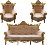 Casa Padrino Baroque elutoa komplekt Master Cream muster / Kuldne koos Bling Bling Strassidega - 3-kohaline diivan + 2 tugitooli - Limited Edition