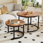 HOMERECOMMEND &Uuml;mmargune kohvilaud, 2-st komplekt, pesitsuslaud elutuppa, kaasaegne diivanilaud musta metallraamiga, kohvilaud tammepuust, kohvilaudad &uuml;mmargune must, rustikaalne pruun