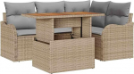 5-teiliges Garten Sofa Set mit Kissen Beige Poly Rattan Akazie, 2-Sitzer Garten Sofa mit Kissen Beige Poly Rattan Gartenlounge Model3349454