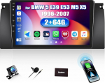 [2+64G] SIXWIN Android 13 autoraadio BMW 5 E39 E53 M5 X5 (1996-2007) koos Carplay / Android Car, 9-tolline mahtuvuslik puuteekraan koos WiFi GPS Bluetooth FM / RDS EQ + tagurduskaamera