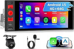 4+64G Android 15 Autoradio 1 DIN juhtmevaba CarPlay ja Android autoga, 6-tolline autoekraan toetab Bluetooth, Mirror Link FM/RDS WiFi USB Type-C SWC, tagurduskaamera AHD