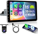 4G + 64G Android 15 autoraadio 1 DIN traadita Carplay Android autoga, 10-tolline p&ouml;&ouml;ratav HD puuteekraaniga autoraadio Bluetooth 5.0 FM RDS raadio GPS Wi-Fi Link peegel USB tagurduskaamera