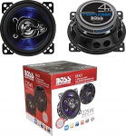 2 k&otilde;larid, mis &uuml;hilduvad Boss Audio Systems BE423 BE 423 3-Way koaksiaalkaabliga 10,00 cm 100 mm 4 tolli l&auml;bim&otilde;&otilde;duga 112 Watt RMS ja 225 Watt Max 4 Ohm 90 dB sinise LED-i ja kummist riputusega paari kohta.