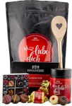 Hallingers Genuss Manufaktur kinkekorvi kinkekomplekt - Delikatesside segu, Yst&auml;v&auml;np&auml;eva imekott XXL &scaron;okolaad Nougat Busserl Bar &scaron;okolaad ja toidulusikas, "Ma armastan sind XXL"