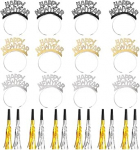 24 St&uuml;ck Silvester-Partyzubeh&ouml;r 2026 Happy New Year Stirnband Tiara Metallic Fransen Noise Makers Gold Silber f&uuml;r Kinder und Erwachsene