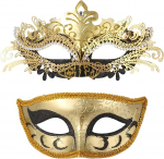 Oidea maskiballi maskide komplekt paaridele: Kuld H&otilde;bedane Sinine Metall S&auml;delevad ripsmed Veneetsia maskeerimine koos Rod Half Mask Halloween Party Karneval Kost&uuml;&uuml;m Fancy Dress Kingitus paaridele Partner
