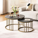 CLIPOP &uuml;mmargune kohvilaud, 2 komplekt, marmoriefektiga pesapoole lauad, puidust lauad metallraami alusega, 70 x 70 x 45 cm + 50 x 50 x 38 cm, virnastatav k&uuml;ljelaua komplekt, pesapoole lauad, mustad
