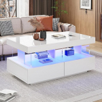 Merax High Gloss Coffee Table with LED, kaasaegne elutoa laud koos hoiusahtlitega, multifunktsionaalne k&uuml;ljelaud elutuppa, ristk&uuml;likukujuline kesklaud, diivanilaud, kohvilaud, kontorisse, valge