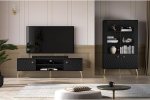 Lomadox Wohnm&ouml;bel Set 2-teilig Lowboard Vitrine in schwarz matt gefr&auml;ste Front Goldfarbene Griffe Softclose-Funktion modernne