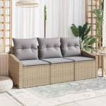 Gartensofa-Set 3-teilig in Beige und Hellgrau aus Poly-Rattan mit Kissen und wasserfester Tasche f&uuml;r die Terrasse