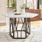 Dolaman&iacute; Modernne kuusnurkne marmorist s&ouml;&ouml;gilaud (1 tk) 4-6 inimesele, valge MDF marmoreeritud lauaplaat, must metallist konsool, 75cm k&otilde;rgus (K)