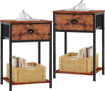 Furologee Bedside Tables Set of 2, Industrial Side Table with Fabric Drawer and Storage Shelf, Retro Bedside Organiser, Side for Living Room, Bedroom, Rustic Brown Wood Look, Black