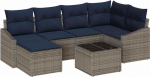 vidaXL Diivan Set mit Kissen 7 pcs Grau und Marineblau Poly-Rattan, Modular Sofa-Set f&uuml;r Garten und Terrasse, rechteckig, robust, leicht, UV-best&auml;ndig, mit Stauraum