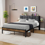 JUISSANO Doppelbettrahmen mit Stauraum, Metall-Bettgestell, Doppelbett, gepolstertes Plattformbett mit Ladestation, ergonoomisches Kopfteil, abnehmbares Nachttisch, Matratzenboden, einfache Montage