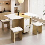 Rtopsu Mobiilne kokkupandav laud 4 tooliga, pikendatav s&ouml;&ouml;gilaud, k&ouml;&ouml;gilaud rihmarattaga ja 4 panipaigaga k&ouml;&ouml;ki, s&ouml;&ouml;gituppa, elutuppa, 120 x 80 x 75 cm, valge ja tammepuust.