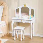 Bonnlo riietuslaud koos tugitooli ja eemaldatava peegliga, laste laud sahtliga t&uuml;drukutele alates 3. eluaastast, kroonimustriga roosa (ilma LED-valge)