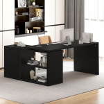 HSH Black L Shaped Computer Desk, Corner Desk with Storage Cabinet, Drawer Shelves, Reversible, Industrial Wood, Executive Workstation, L Shaped Home Office Table for Work, Study,