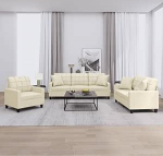 3-teiliges Sofaset, Kunstleder, cremefarben, mit dekorativen Kissen, robuste Struktur aus Sperrholz und Metall, bequemer Sitz mit F&uuml;llung, robust