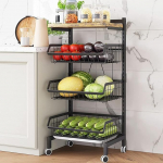 COVAODQ Vegetable Shelf for Kitchen, Stackable Fruit Basket, Vegetables, Storage Trolley, Kitchen Trolley with Lockable Wheels and Wooden Plate, for Bathroom, Kitchen, Office, Towels (Plank)