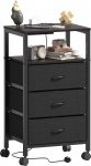 Lutown-Teen Bedside Table with Socket, Side Tables with 3 Fabric Drawers and Shelves, Bedside Cabinet with Wheels, Nightstand for Living Room, Bedroom, Black