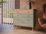 Forte Harllson Easy Assembly EasyKlix Chest of Drawers with 3 Drawers, Sage with Wood Decor: Mauvella Oak, Scandinavian Modern Style, Sideboard 90 cm Wide x 86 cm High x 41 cm Deep